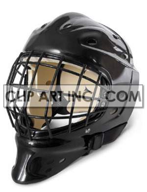 A black hockey goalie's helmet with a protective face mask.
