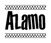 The image is a black and white clipart of the text Azamo in a bold, italicized font. The text is bordered by a dotted line on the top and bottom, and there are checkered flags positioned at both ends of the text, usually associated with racing or finishing lines.