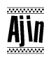 The image contains the text Ajin in a bold, stylized font, with a checkered flag pattern bordering the top and bottom of the text.