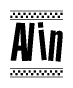 The clipart image displays the text Alin in a bold, stylized font. It is enclosed in a rectangular border with a checkerboard pattern running below and above the text, similar to a finish line in racing. 