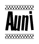 The image contains the text Auni in a bold, stylized font, with a checkered flag pattern bordering the top and bottom of the text.