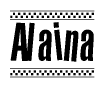 The clipart image displays the text Alaina in a bold, stylized font. It is enclosed in a rectangular border with a checkerboard pattern running below and above the text, similar to a finish line in racing. 