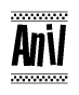 Anil Bold Text with Racing Checkerboard Pattern Border