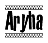 The image contains the text Aryha in a bold, stylized font, with a checkered flag pattern bordering the top and bottom of the text.