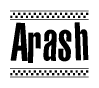 The image contains the text Arash in a bold, stylized font, with a checkered flag pattern bordering the top and bottom of the text.