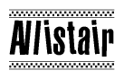 The image contains the text Allistair in a bold, stylized font, with a checkered flag pattern bordering the top and bottom of the text.