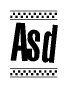 The image is a black and white clipart of the text Asd in a bold, italicized font. The text is bordered by a dotted line on the top and bottom, and there are checkered flags positioned at both ends of the text, usually associated with racing or finishing lines.