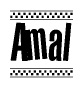 The clipart image displays the text Amal in a bold, stylized font. It is enclosed in a rectangular border with a checkerboard pattern running below and above the text, similar to a finish line in racing. 