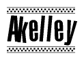 The image contains the text Akelley in a bold, stylized font, with a checkered flag pattern bordering the top and bottom of the text.
