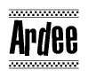 The image is a black and white clipart of the text Ardee in a bold, italicized font. The text is bordered by a dotted line on the top and bottom, and there are checkered flags positioned at both ends of the text, usually associated with racing or finishing lines.