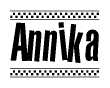 The image is a black and white clipart of the text Annika in a bold, italicized font. The text is bordered by a dotted line on the top and bottom, and there are checkered flags positioned at both ends of the text, usually associated with racing or finishing lines.