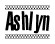 The image is a black and white clipart of the text Ashlyn in a bold, italicized font. The text is bordered by a dotted line on the top and bottom, and there are checkered flags positioned at both ends of the text, usually associated with racing or finishing lines.