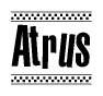 The clipart image displays the text Atrus in a bold, stylized font. It is enclosed in a rectangular border with a checkerboard pattern running below and above the text, similar to a finish line in racing. 