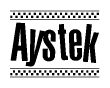 The image contains the text Aystek in a bold, stylized font, with a checkered flag pattern bordering the top and bottom of the text.