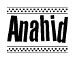The image is a black and white clipart of the text Anahid in a bold, italicized font. The text is bordered by a dotted line on the top and bottom, and there are checkered flags positioned at both ends of the text, usually associated with racing or finishing lines.