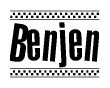 The image is a black and white clipart of the text Benjen in a bold, italicized font. The text is bordered by a dotted line on the top and bottom, and there are checkered flags positioned at both ends of the text, usually associated with racing or finishing lines.