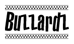 The image is a black and white clipart of the text Buzzardz in a bold, italicized font. The text is bordered by a dotted line on the top and bottom, and there are checkered flags positioned at both ends of the text, usually associated with racing or finishing lines.