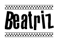 The image is a black and white clipart of the text Beatriz in a bold, italicized font. The text is bordered by a dotted line on the top and bottom, and there are checkered flags positioned at both ends of the text, usually associated with racing or finishing lines.