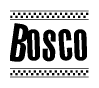 The image is a black and white clipart of the text Bosco in a bold, italicized font. The text is bordered by a dotted line on the top and bottom, and there are checkered flags positioned at both ends of the text, usually associated with racing or finishing lines.