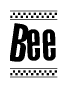 The clipart image displays the text Bee in a bold, stylized font. It is enclosed in a rectangular border with a checkerboard pattern running below and above the text, similar to a finish line in racing. 