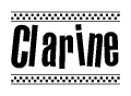 The image contains the text Clarine in a bold, stylized font, with a checkered flag pattern bordering the top and bottom of the text.