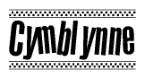 The image is a black and white clipart of the text Cymblynne in a bold, italicized font. The text is bordered by a dotted line on the top and bottom, and there are checkered flags positioned at both ends of the text, usually associated with racing or finishing lines.