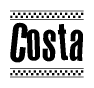 The image is a black and white clipart of the text Costa in a bold, italicized font. The text is bordered by a dotted line on the top and bottom, and there are checkered flags positioned at both ends of the text, usually associated with racing or finishing lines.
