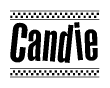 The image is a black and white clipart of the text Candie in a bold, italicized font. The text is bordered by a dotted line on the top and bottom, and there are checkered flags positioned at both ends of the text, usually associated with racing or finishing lines.