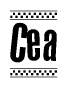 The image contains the text Cea in a bold, stylized font, with a checkered flag pattern bordering the top and bottom of the text.