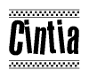 The image is a black and white clipart of the text Cintia in a bold, italicized font. The text is bordered by a dotted line on the top and bottom, and there are checkered flags positioned at both ends of the text, usually associated with racing or finishing lines.