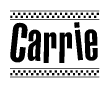 The clipart image displays the text Carrie in a bold, stylized font. It is enclosed in a rectangular border with a checkerboard pattern running below and above the text, similar to a finish line in racing. 