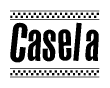 The clipart image displays the text Casela in a bold, stylized font. It is enclosed in a rectangular border with a checkerboard pattern running below and above the text, similar to a finish line in racing. 