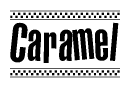 The image contains the text Caramel in a bold, stylized font, with a checkered flag pattern bordering the top and bottom of the text.
