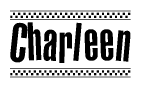 The image contains the text Charleen in a bold, stylized font, with a checkered flag pattern bordering the top and bottom of the text.