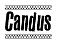 The image contains the text Candus in a bold, stylized font, with a checkered flag pattern bordering the top and bottom of the text.