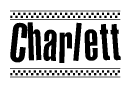 The clipart image displays the text Charlett in a bold, stylized font. It is enclosed in a rectangular border with a checkerboard pattern running below and above the text, similar to a finish line in racing. 