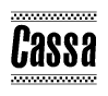 The image contains the text Cassa in a bold, stylized font, with a checkered flag pattern bordering the top and bottom of the text.