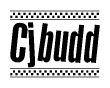 The image is a black and white clipart of the text Cjbudd in a bold, italicized font. The text is bordered by a dotted line on the top and bottom, and there are checkered flags positioned at both ends of the text, usually associated with racing or finishing lines.
