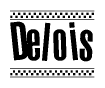 The image contains the text Delois in a bold, stylized font, with a checkered flag pattern bordering the top and bottom of the text.