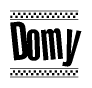 The clipart image displays the text Domy in a bold, stylized font. It is enclosed in a rectangular border with a checkerboard pattern running below and above the text, similar to a finish line in racing. 