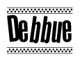 The image is a black and white clipart of the text Debbue in a bold, italicized font. The text is bordered by a dotted line on the top and bottom, and there are checkered flags positioned at both ends of the text, usually associated with racing or finishing lines.