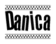 The image is a black and white clipart of the text Danica in a bold, italicized font. The text is bordered by a dotted line on the top and bottom, and there are checkered flags positioned at both ends of the text, usually associated with racing or finishing lines.