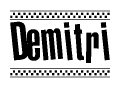 The image contains the text Demitri in a bold, stylized font, with a checkered flag pattern bordering the top and bottom of the text.
