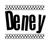 The image contains the text Deney in a bold, stylized font, with a checkered flag pattern bordering the top and bottom of the text.