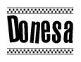 The image contains the text Donesa in a bold, stylized font, with a checkered flag pattern bordering the top and bottom of the text.