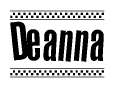 The image is a black and white clipart of the text Deanna in a bold, italicized font. The text is bordered by a dotted line on the top and bottom, and there are checkered flags positioned at both ends of the text, usually associated with racing or finishing lines.