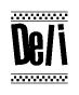 The clipart image displays the text Deli in a bold, stylized font. It is enclosed in a rectangular border with a checkerboard pattern running below and above the text, similar to a finish line in racing. 