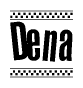 The image contains the text Dena in a bold, stylized font, with a checkered flag pattern bordering the top and bottom of the text.
