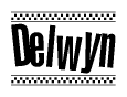 The image is a black and white clipart of the text Delwyn in a bold, italicized font. The text is bordered by a dotted line on the top and bottom, and there are checkered flags positioned at both ends of the text, usually associated with racing or finishing lines.