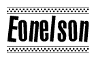 The image contains the text Eonelson in a bold, stylized font, with a checkered flag pattern bordering the top and bottom of the text.